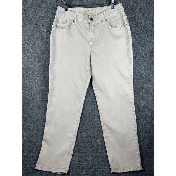Chico's Denim - Chico's Platinum Skimmer Jeans Size 1 US 8 Light Tan/Cream Embellished Pockets